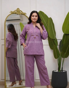 Women's Lavender Embroidered Cotton Kurti Top