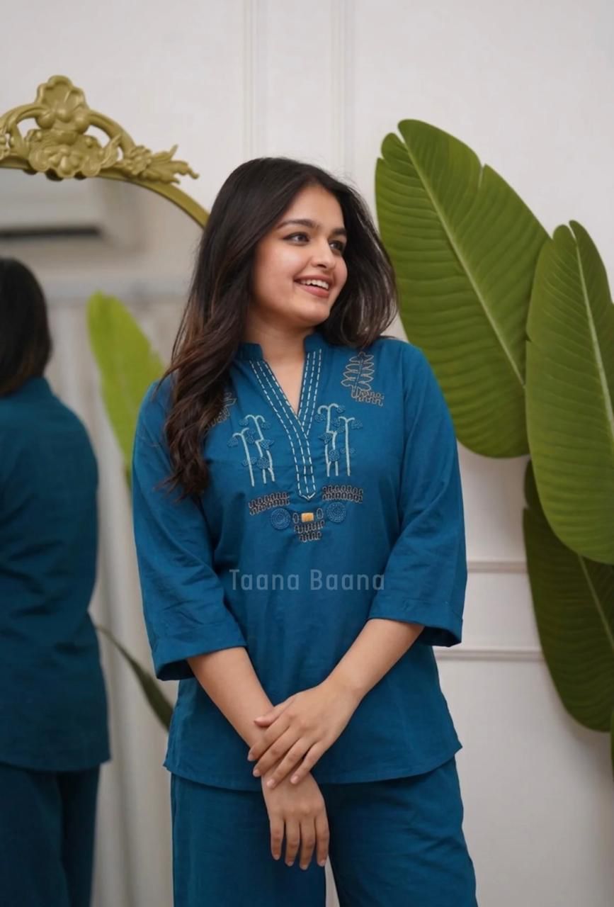 Royal Blue Embroidered Cotton Kurti Top