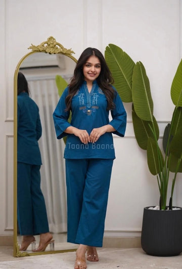 Royal Blue Embroidered Cotton Kurti Top