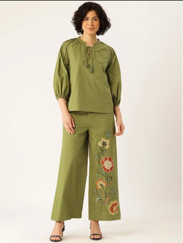 Olive Green Co-Ord Set with Floral Printed Wide-Leg Pants