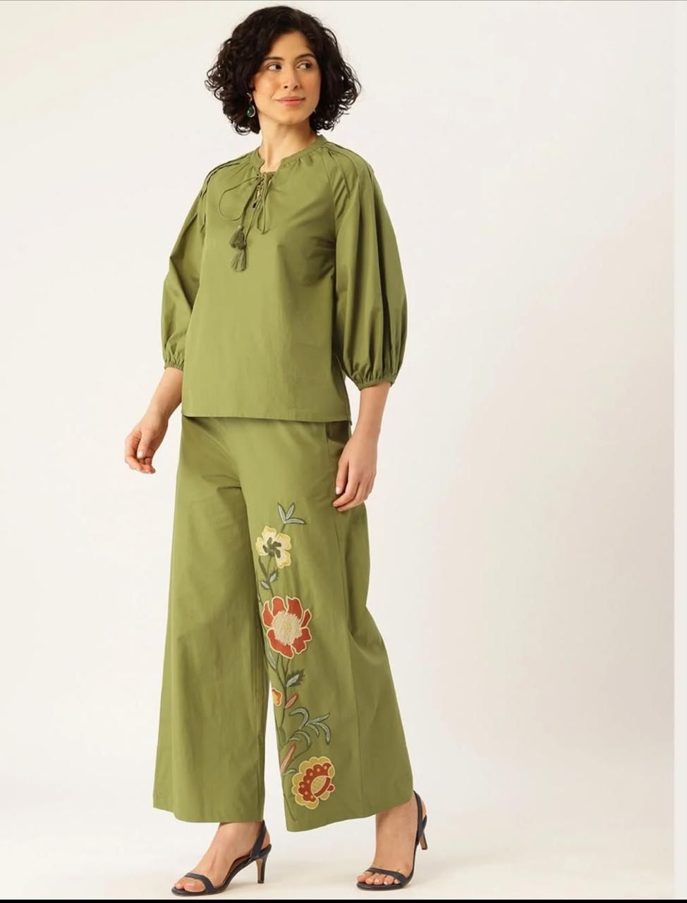 Olive Green Co-Ord Set with Floral Printed Wide-Leg Pants