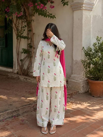 White Floral Printed Kurta Palazzo Set with Dupatta