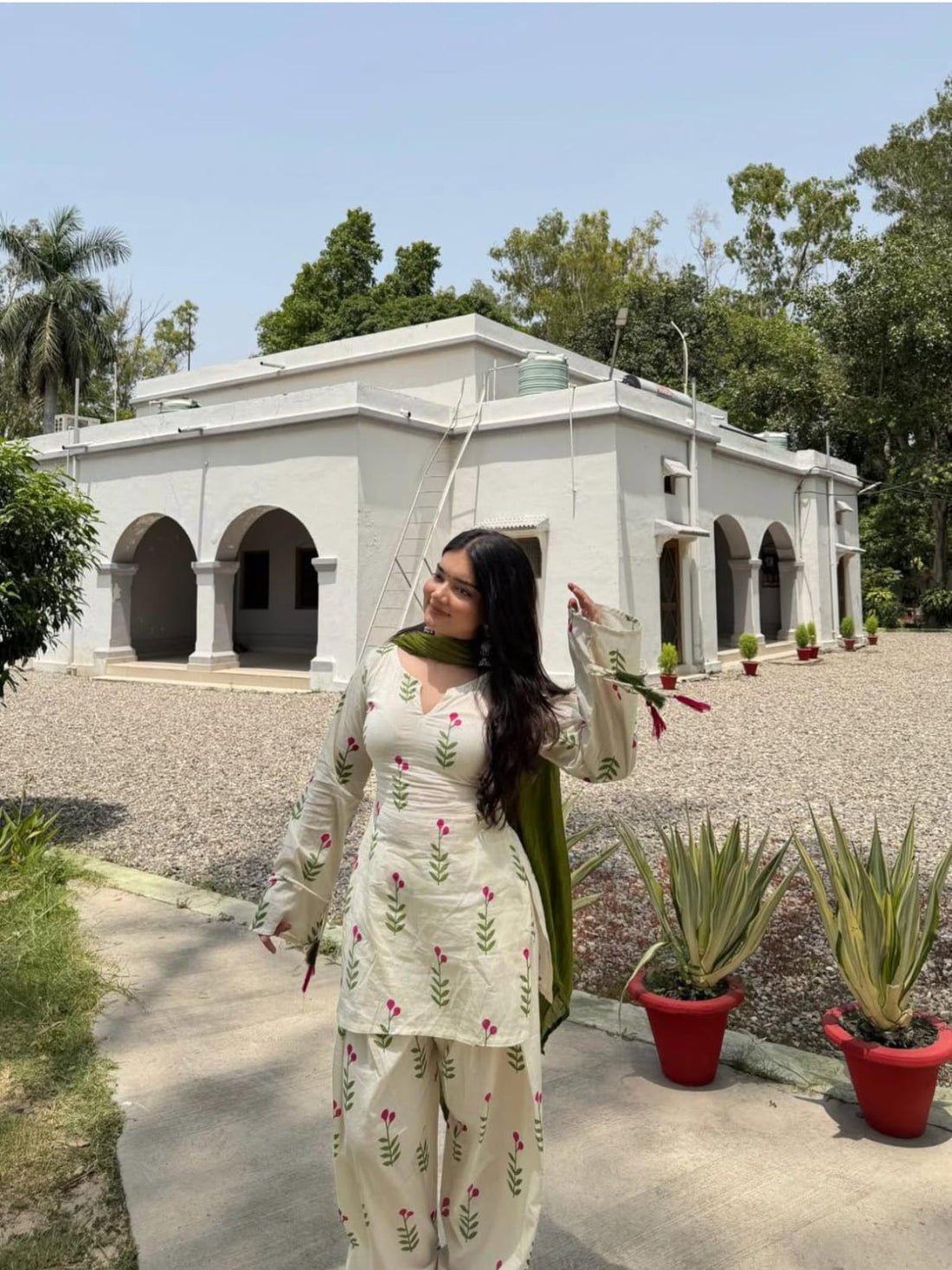 White Floral Printed Kurta Palazzo Set with Dupatta