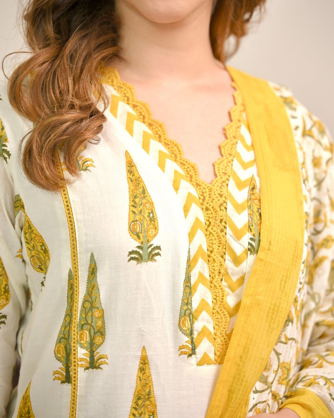 White & Yellow  Floral Printed Kurta Palazzo Set with Dupatta