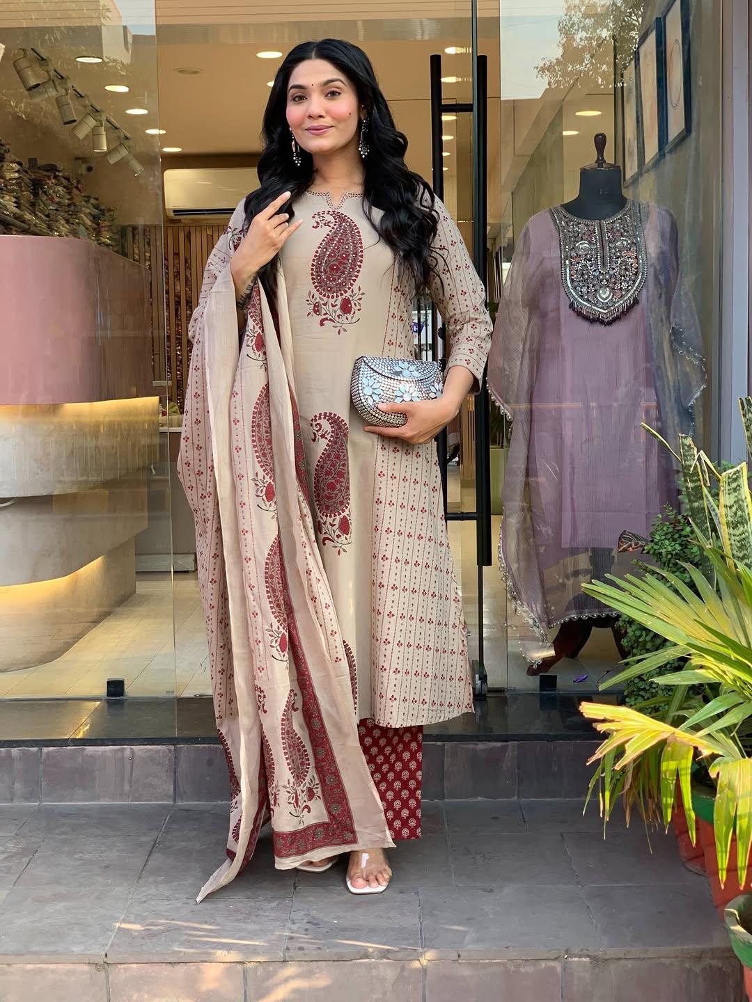 Beige Paisley Printed Kurta Set with Dupatta