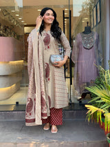 Beige Paisley Printed Kurta Set with Dupatta