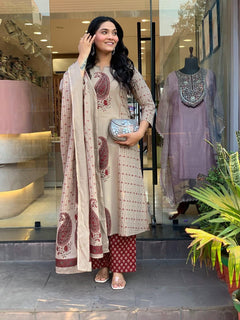 Beige Paisley Printed Kurta Set with Dupatta