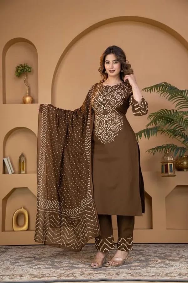 Olive Green Bandhani Print Kurta Set with Dupatta