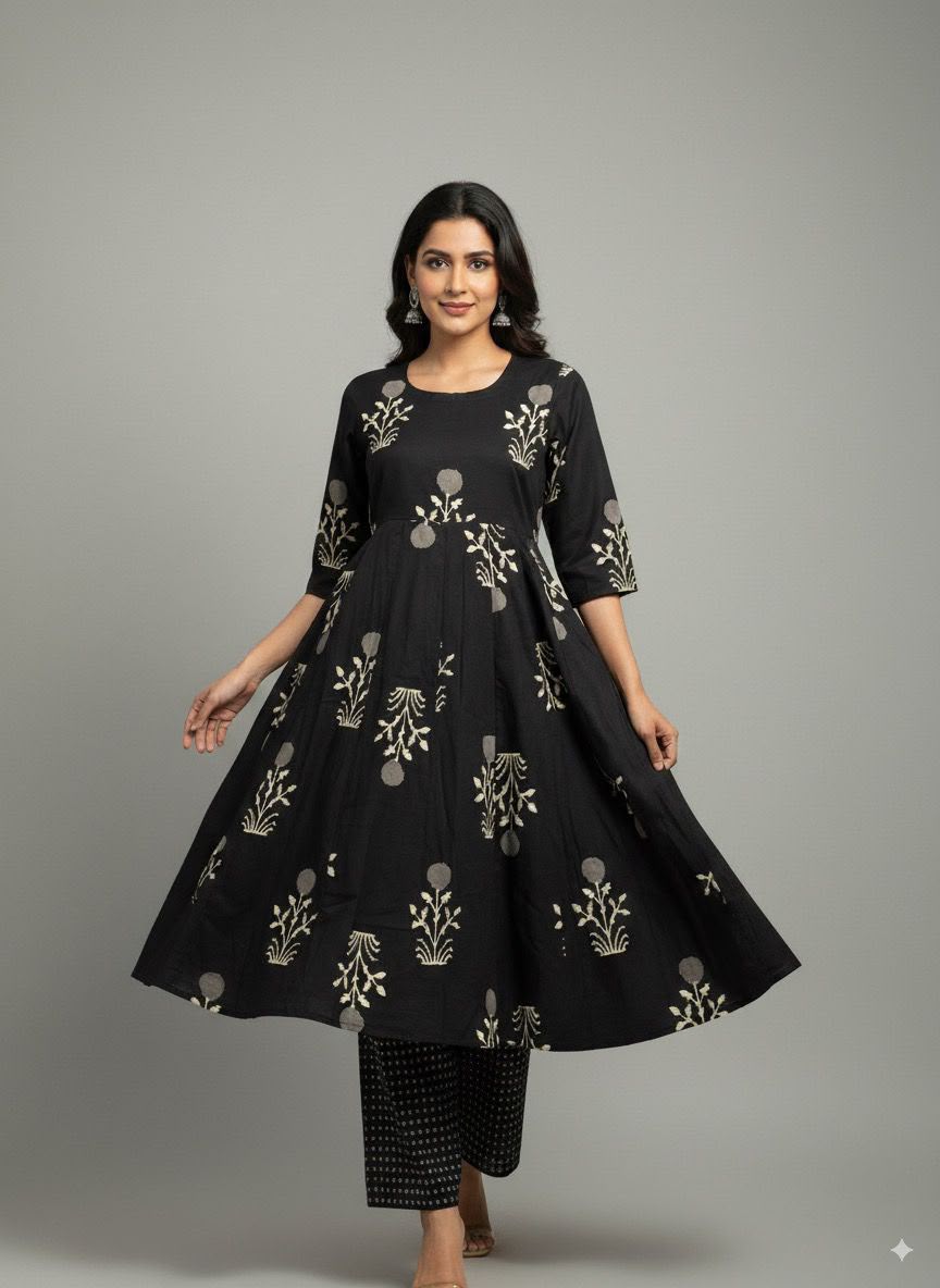 New stylish and affordable beautiful anarkali   set with beautiful discharge print and fabric pure Cotton💃💃