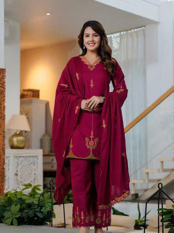 fine Cotton fabric with beautiful embroidery on neck, sleeves, Kurti with embroidered plazo with both side pockets on pant🌹🌹