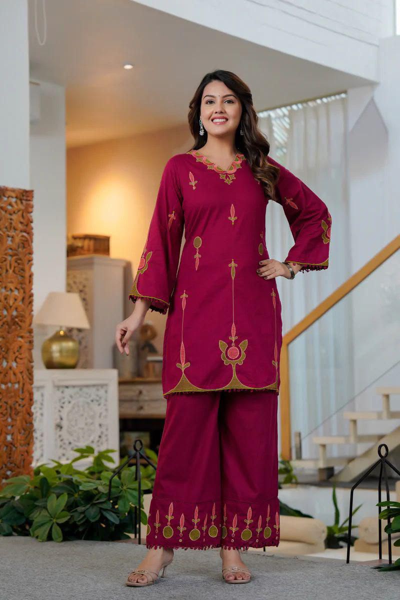 fine Cotton fabric with beautiful embroidery on neck, sleeves, Kurti with embroidered plazo with both side pockets on pant🌹🌹