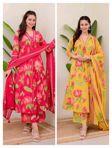 New stylish and affordable beautiful look straight alia cut set with beautiful print and fabric pure Cotton💃💃