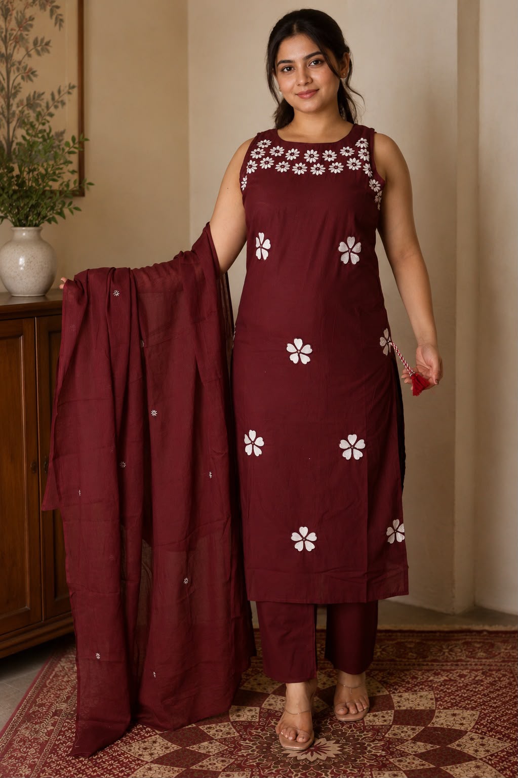 fine Cotton fabric with beautiful embroidery work on neck,Kurti with pant with pant and beautiful dupatta