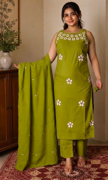 fine Cotton fabric with beautiful embroidery work on neck,Kurti with pant with pant and beautiful dupatta