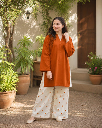 Women’s Stylish Cotton Kurta Palazzo Set | Solid Long Kurta with Heart Print Palazzo Pants | Comfortable Ethnic Wear