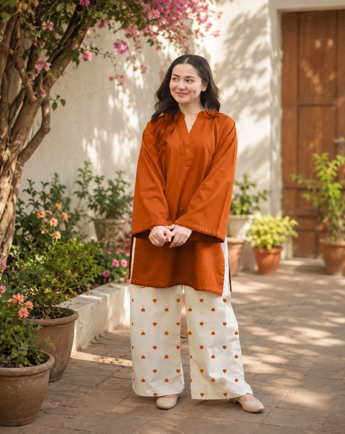 Women’s Stylish Cotton Kurta Palazzo Set | Solid Long Kurta with Heart Print Palazzo Pants | Comfortable Ethnic Wear
